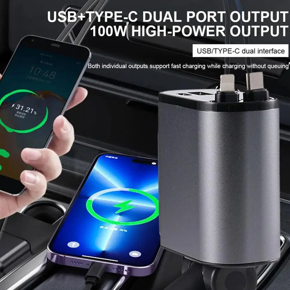 4 IN 1 Car Charger Retractable 66W+20W Super Fast Charging 1 Year Warranty