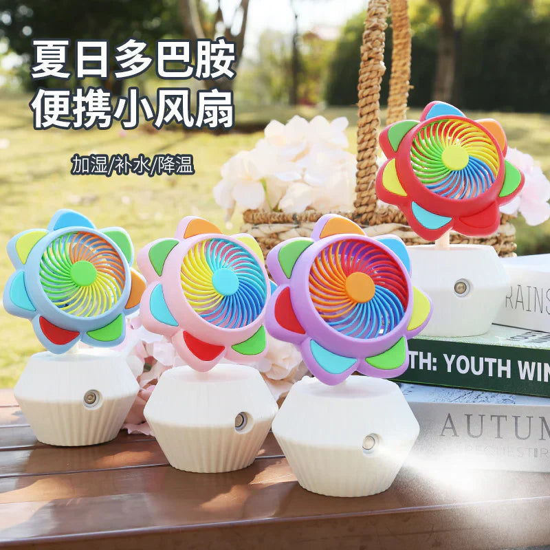 Colorful spray with LED light sunflower fan USB charging three-speed speed adjustment